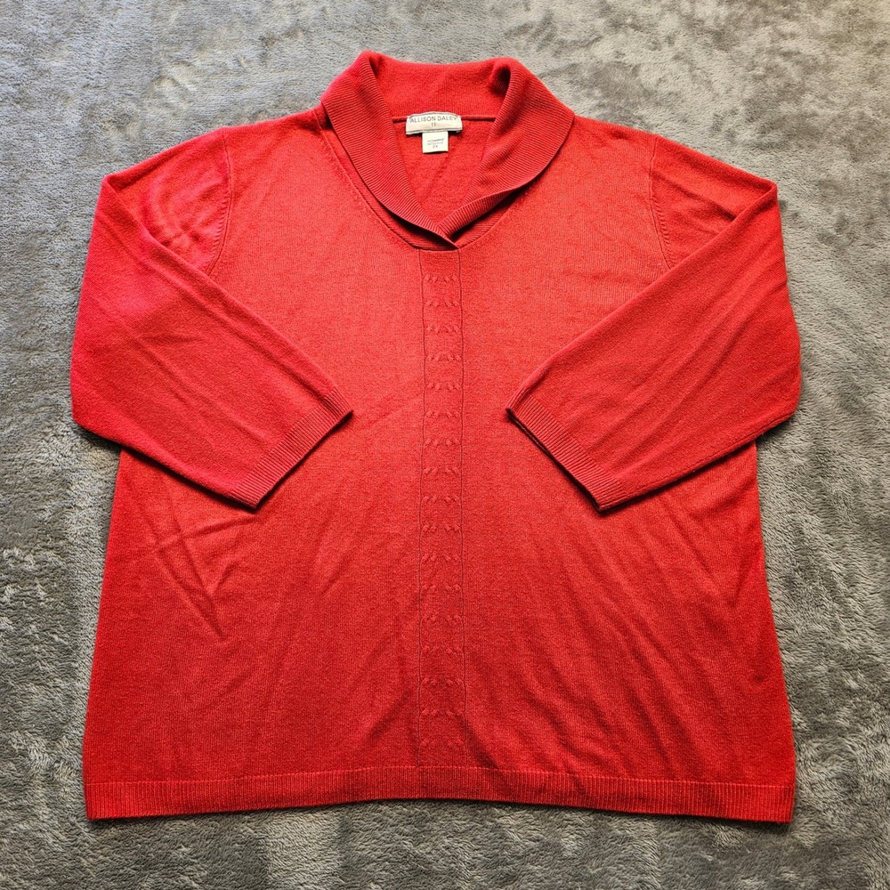 Allison Daley Red Shawl Collar Pointelle Knit Sweater 3/4 Sleeve Plus Size 2X